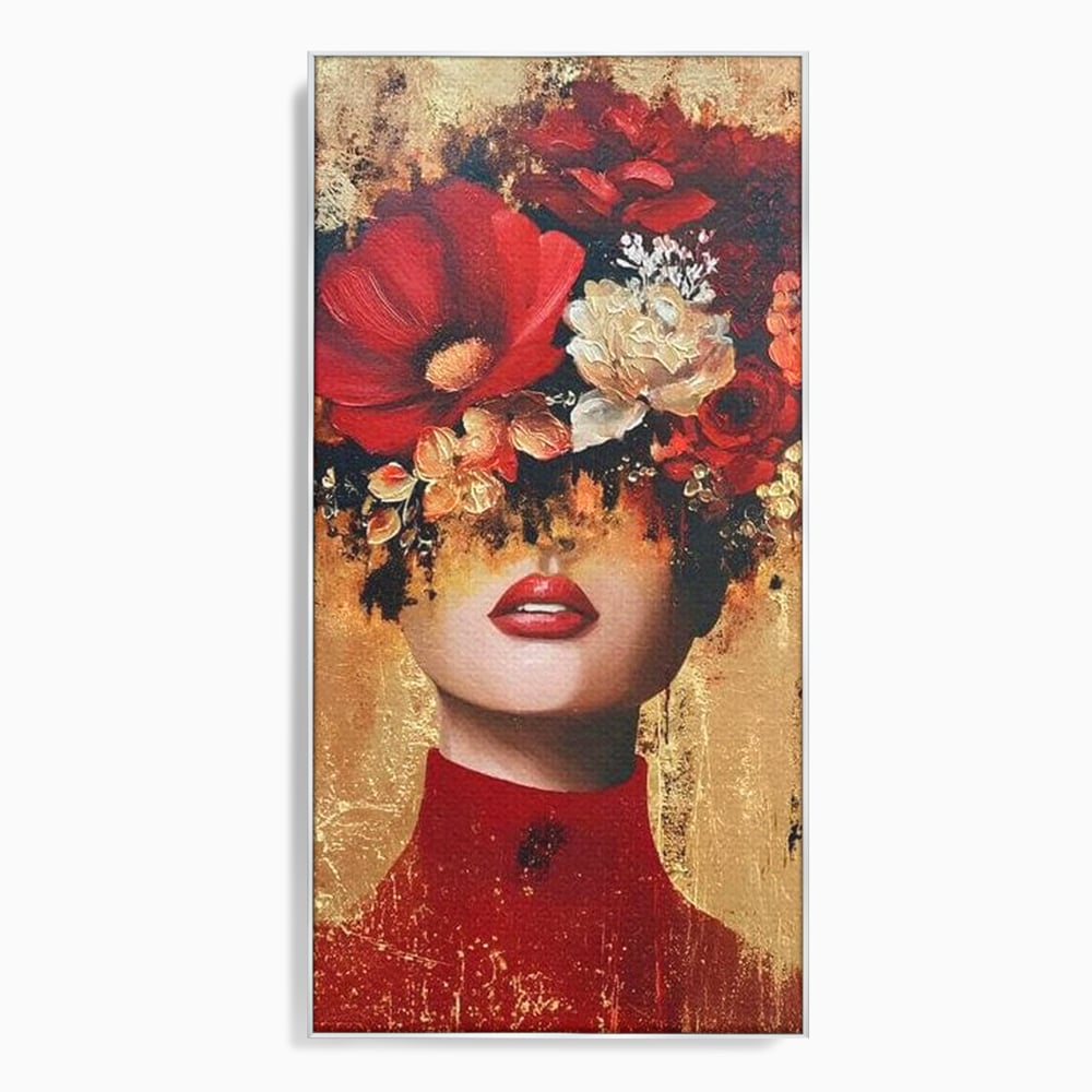 Tablou canvas cu tablou canvas cu portret de femeie si flori rosii, in rama de aluminiu argintiu